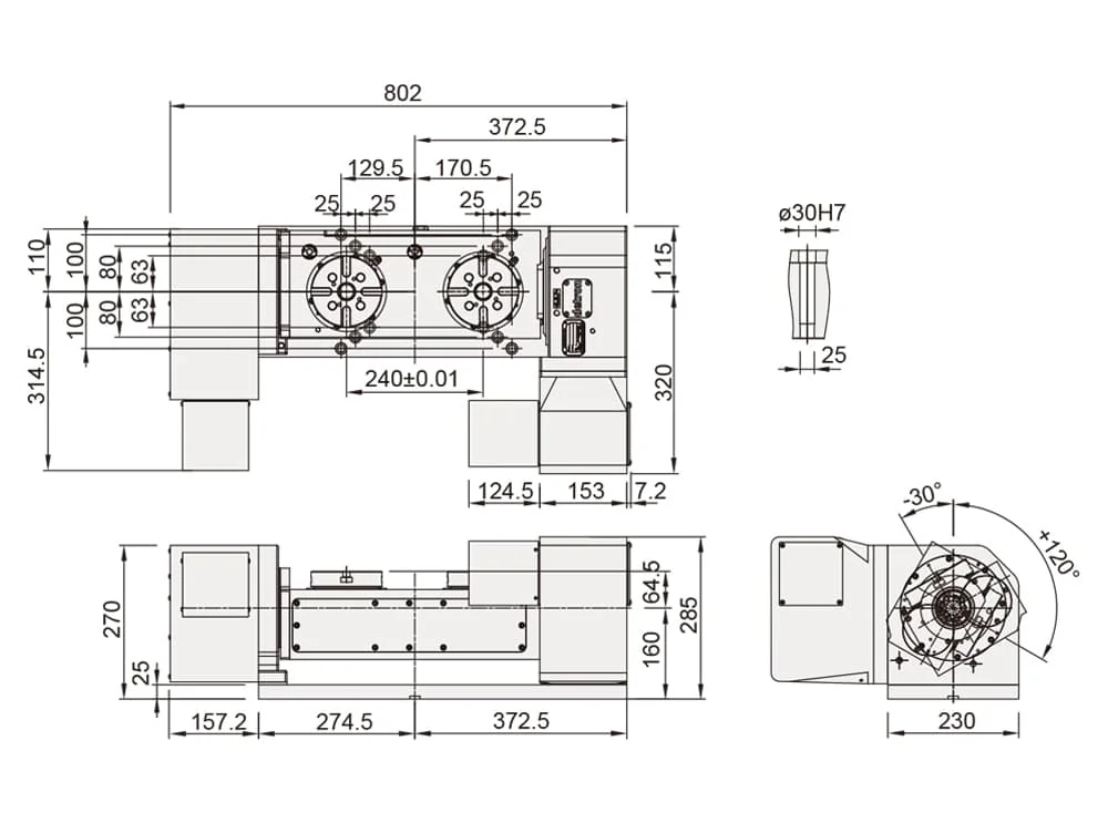 Двухшпиндельный наклонно-поворотный стол Detron GFA-125S-2W-240